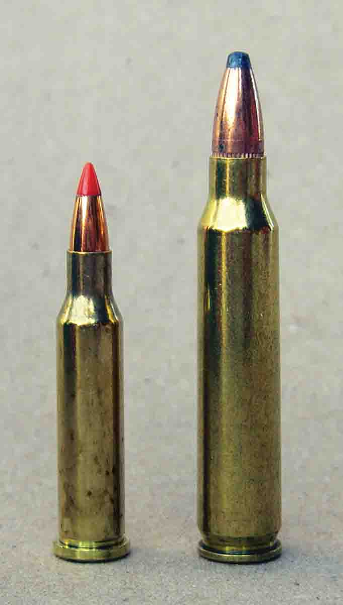 The (left) .17 Hornet loaded with the Hornady 20-grain V-MAX bullet shares a similar trajectory as the (right) .223 Remington with 55-grain bullets at 3,240 fps.